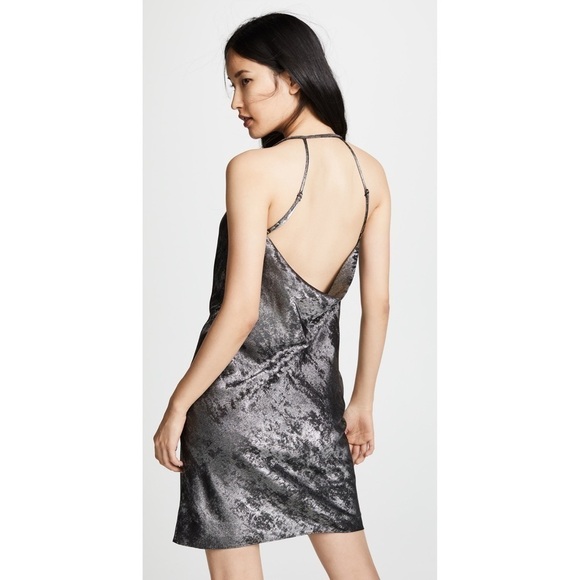 HALSTON Cowl Neck Metallic Slip Mini Dress in Gunmetal - Picture 7 of 16